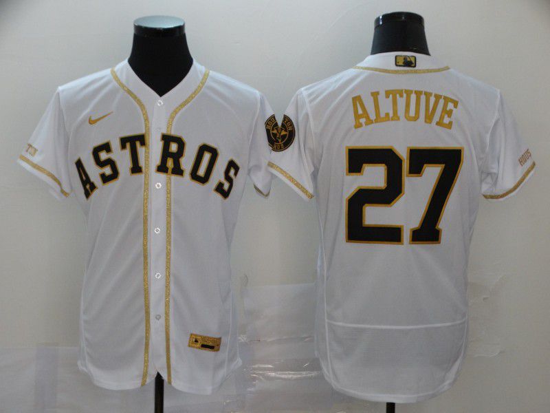 Men Houston Astros 27 Altuve White Retro gold character Nike Elite MLB Jerseys